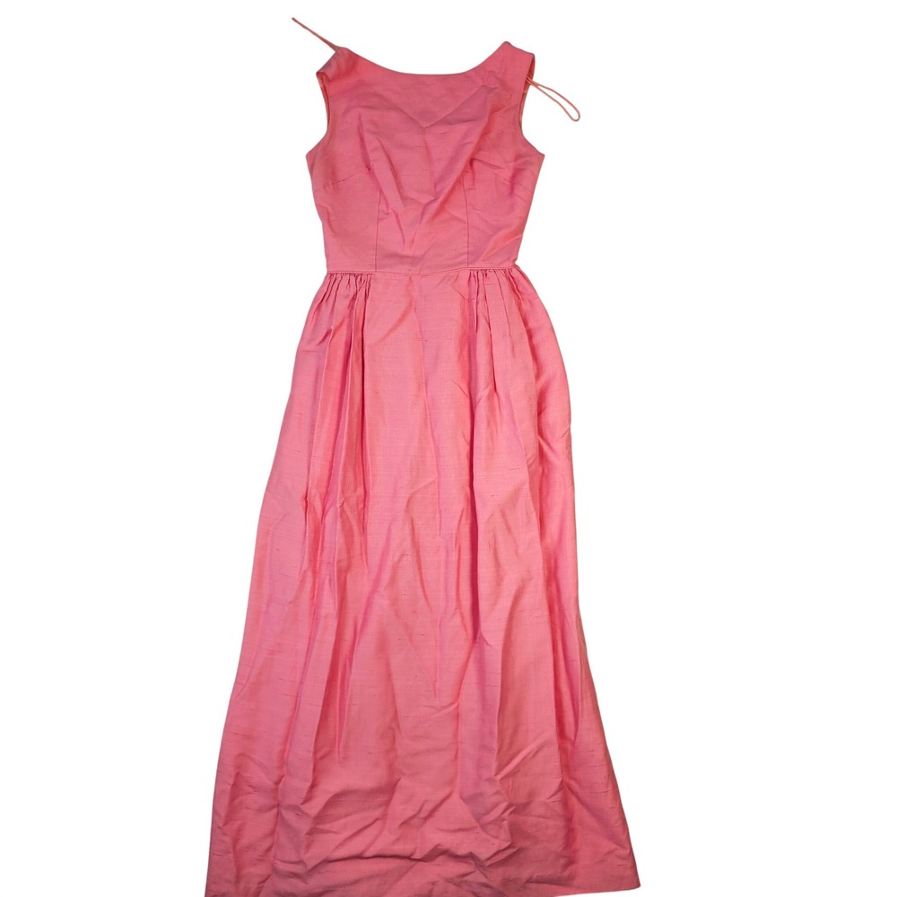 Vintage Carol Brent Pink Raw Silk Maxi Dress Sleeveless 60s Gown V-Back 16x57